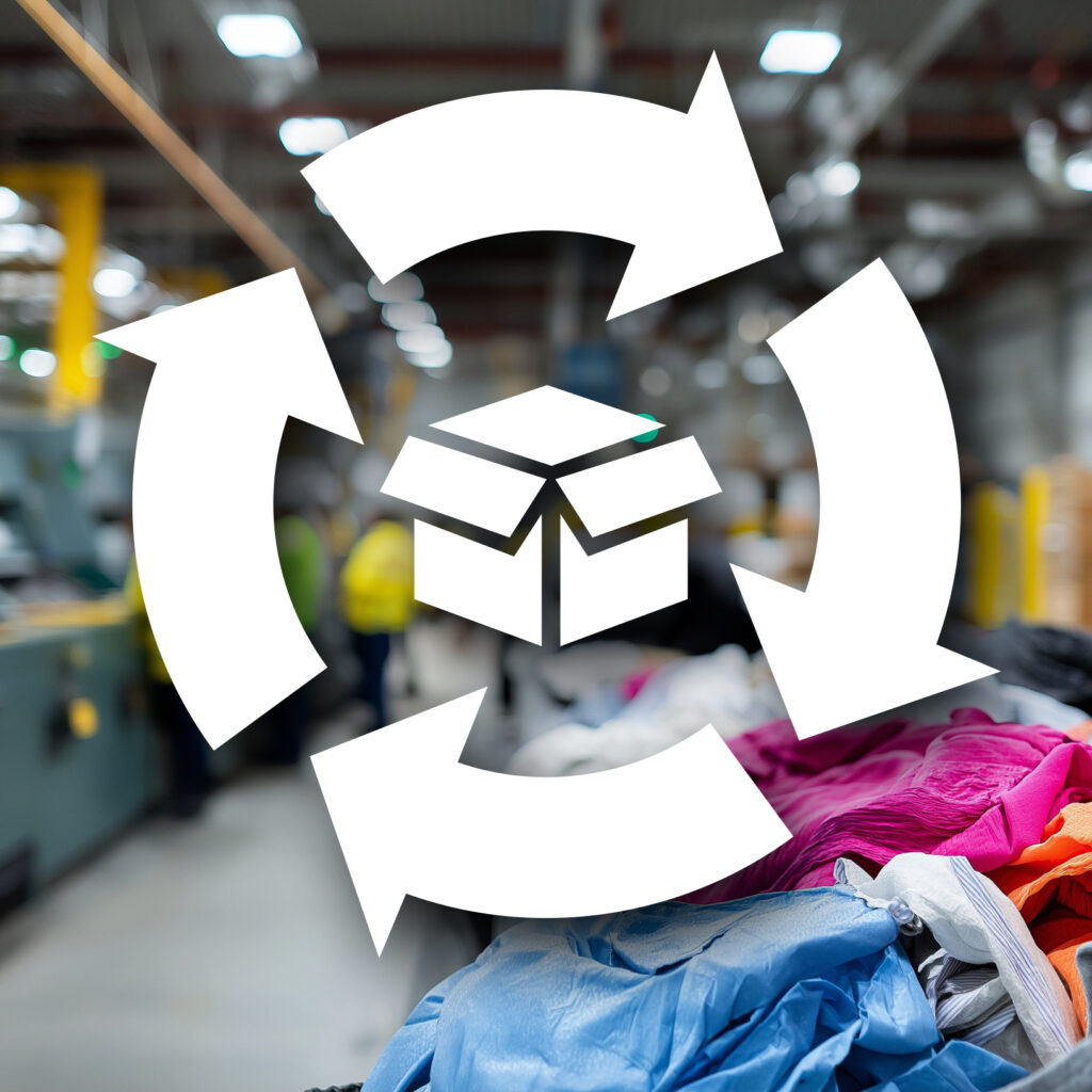 decorative image with a shipping box in the middle surrounded by recycle arrows