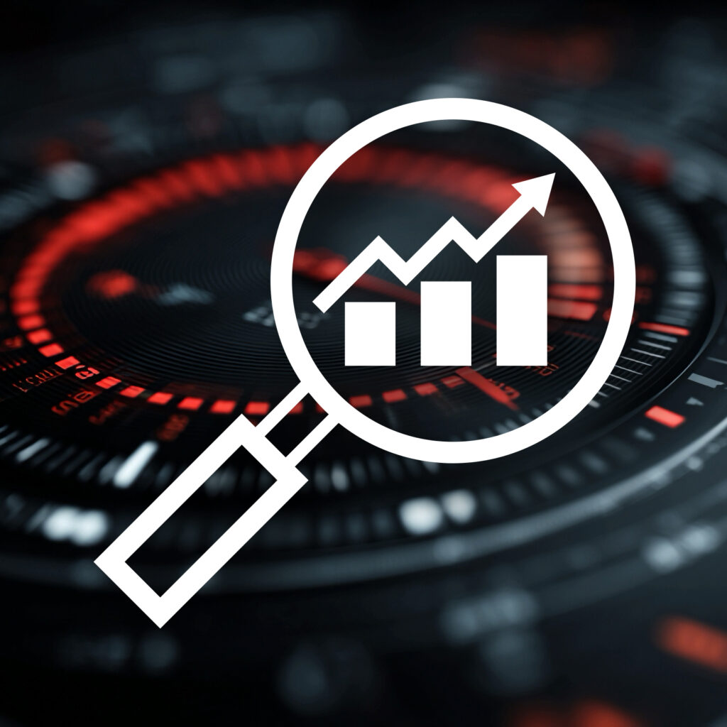 decorative image with a bar graph and arrow trending up viewed through a magnifying glass