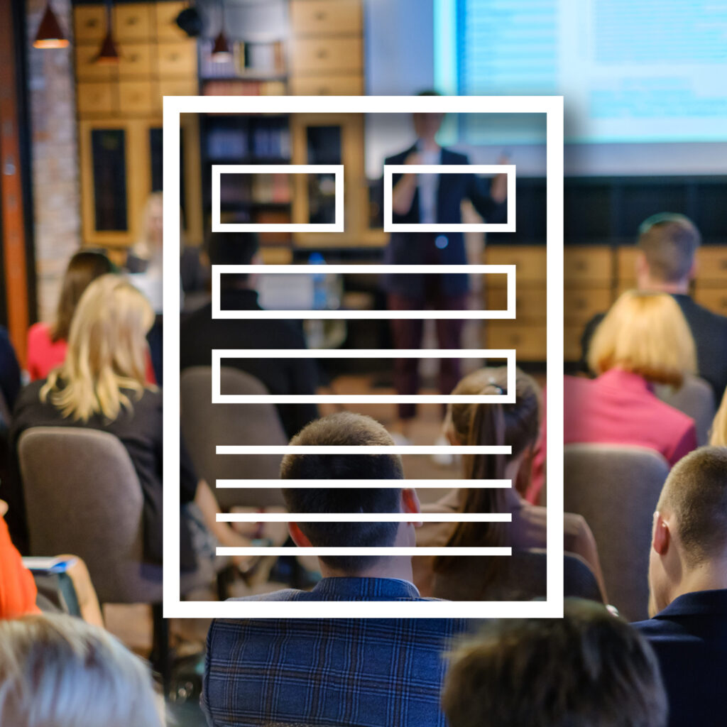 a decorative image of a graphic icon of a paper file over a teaching classroom photo