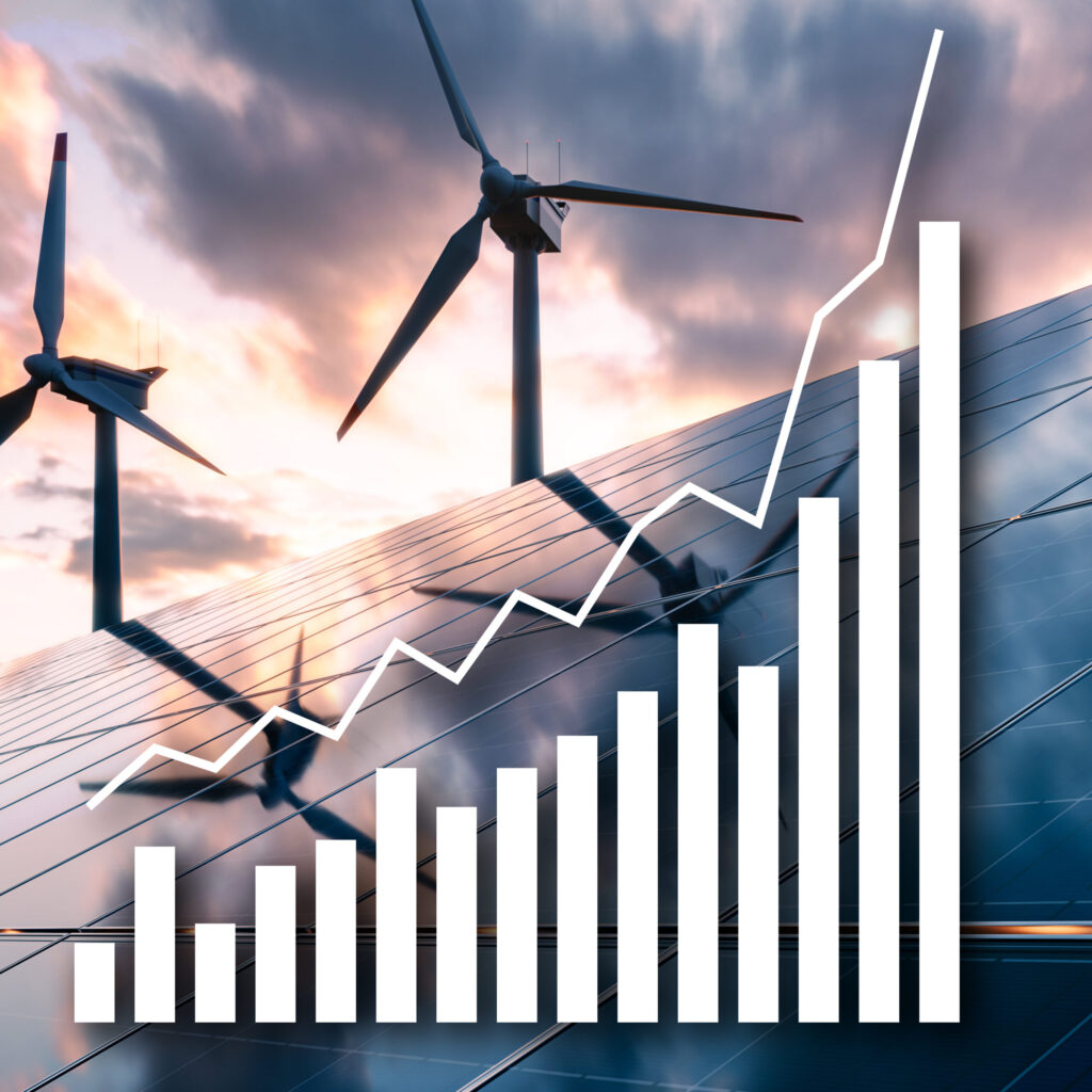 decorative image with a bar graph and a line trending up over an image of alternative energy sources