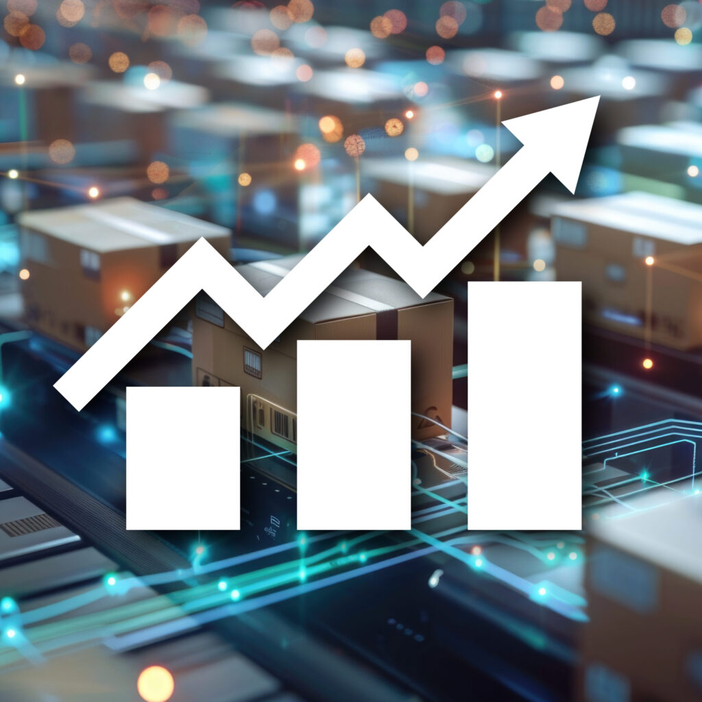 decorative image with a bar graph and arrow trending up