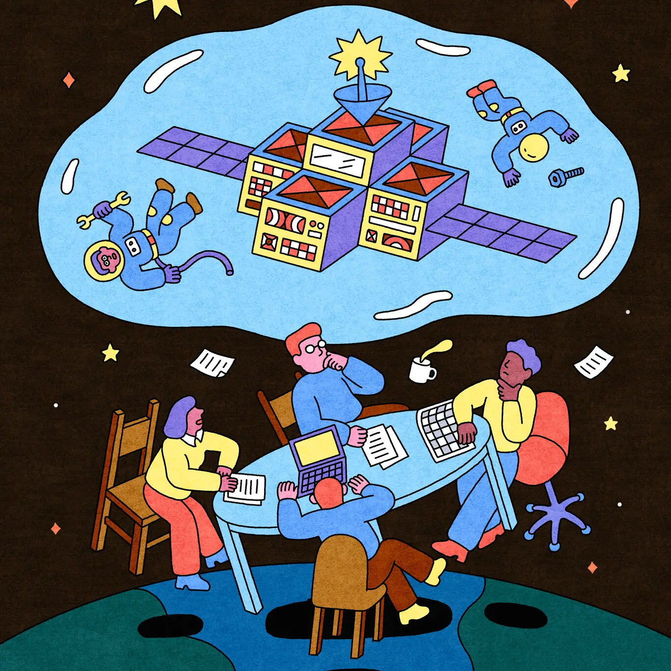 From the New York Times - a cartoon of people floating ins space witha thought bubble above depicting astronauts floating around a data center like space station